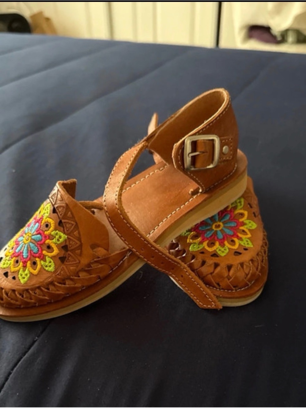 Girls Brown Leather Sandals with Colorful Embroidered Flower